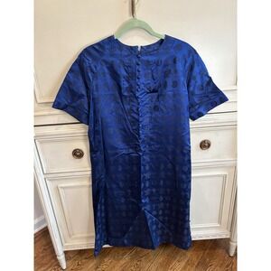 Vintage Asian Inspired Kimono Dress Navy Blue Satin Ornate Stamping Detail Mediu